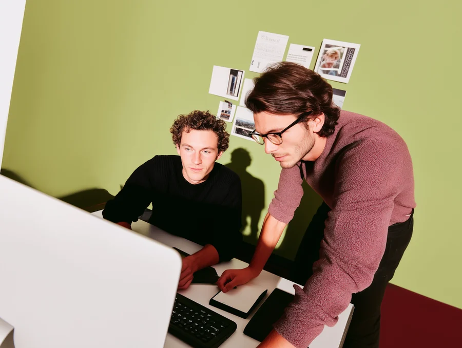 Two Vibrantaa developers working together at a laptop