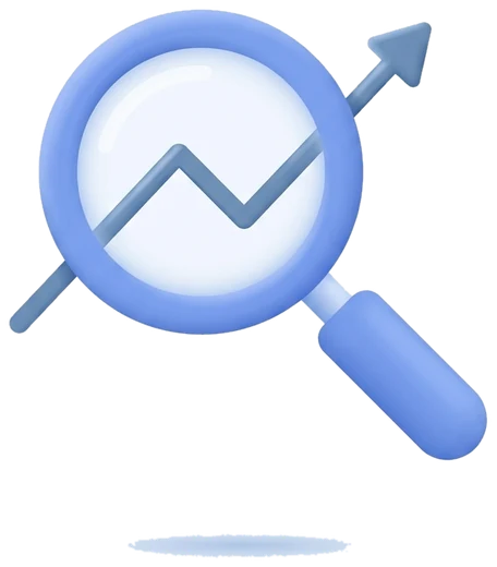 Magnifying glass over a rising graph
