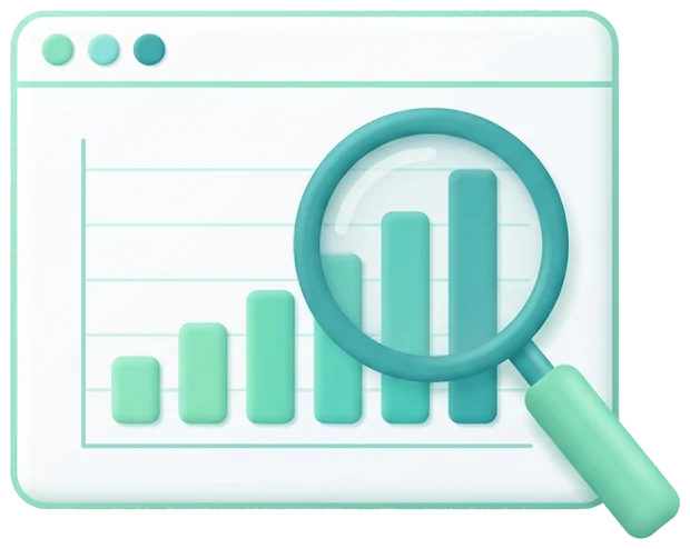 Magnifying glass over a rising bar chart