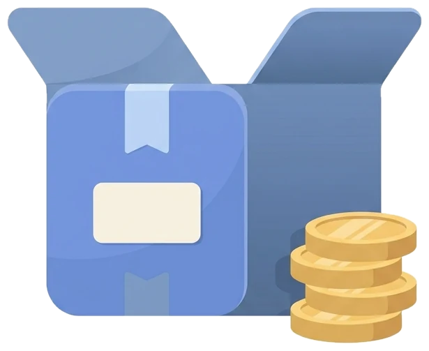 Shipping box beside a stack of coins